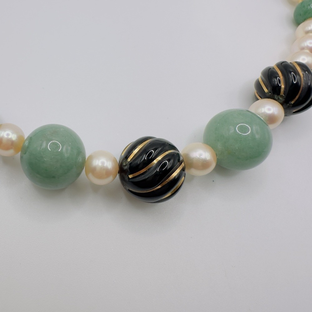 Artisan Gemstone & Pearl Necklace Black Gold Swirl Bead Statement Necklace 18" - Picture 8 of 13